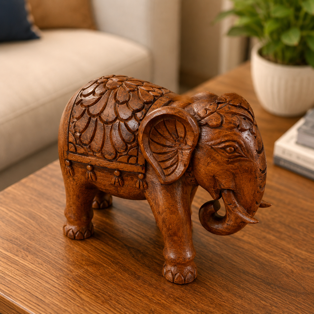 Handcrafted Wooden Elephant Showpiece – Premium Walnut Finish