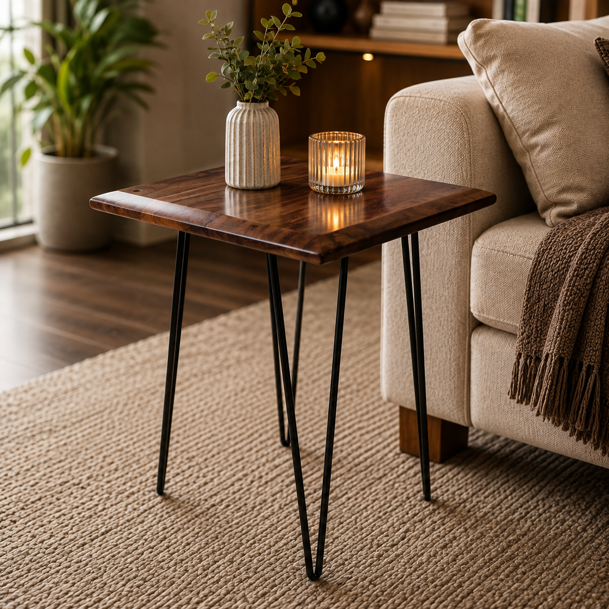 Modern Walnut & Black-Leg Foldable Side Table