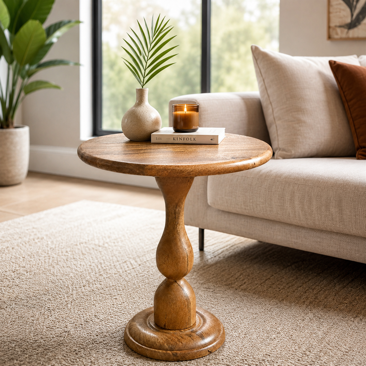 Sculptural Round Foldable Wooden Side Table