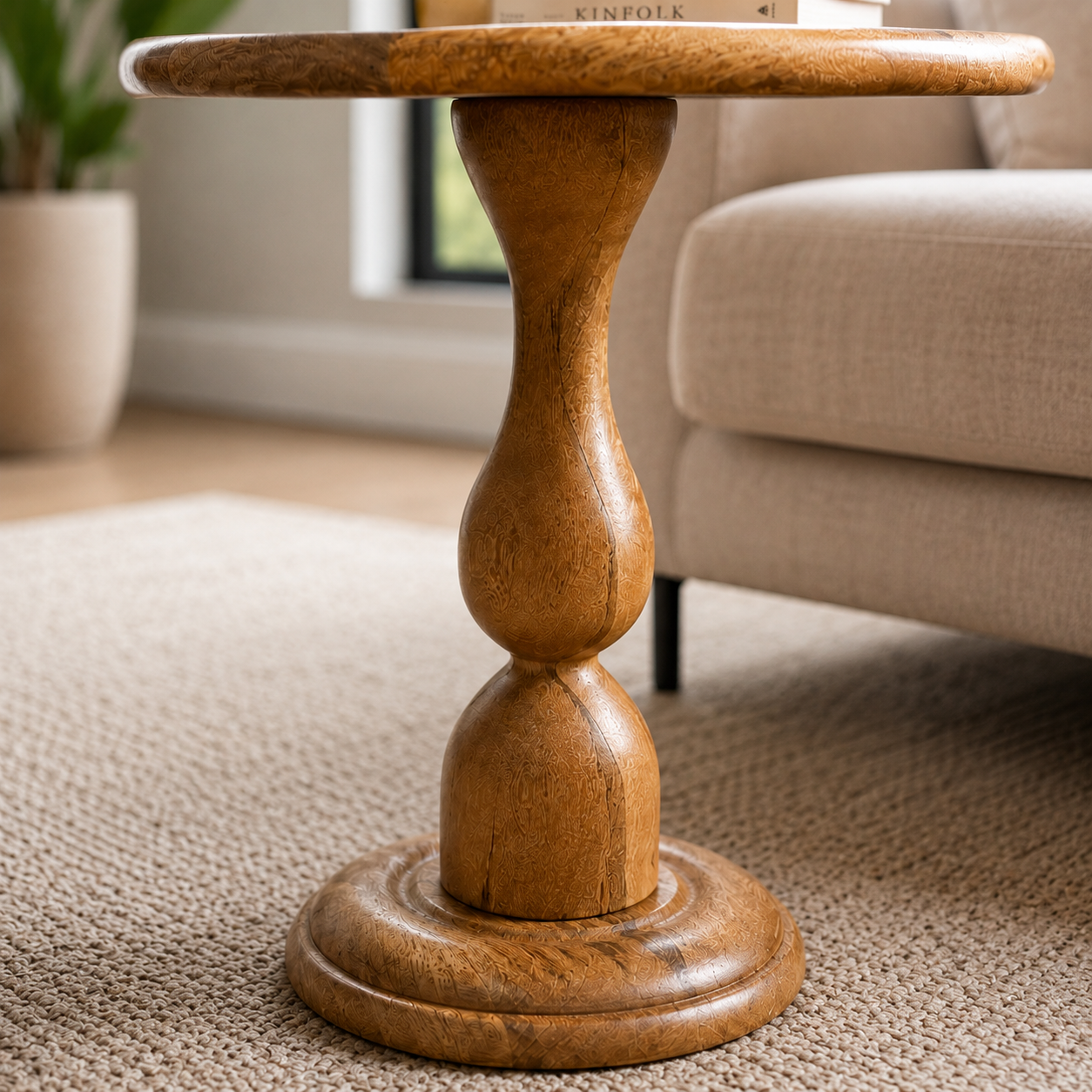 Sculptural Round Foldable Wooden Side Table