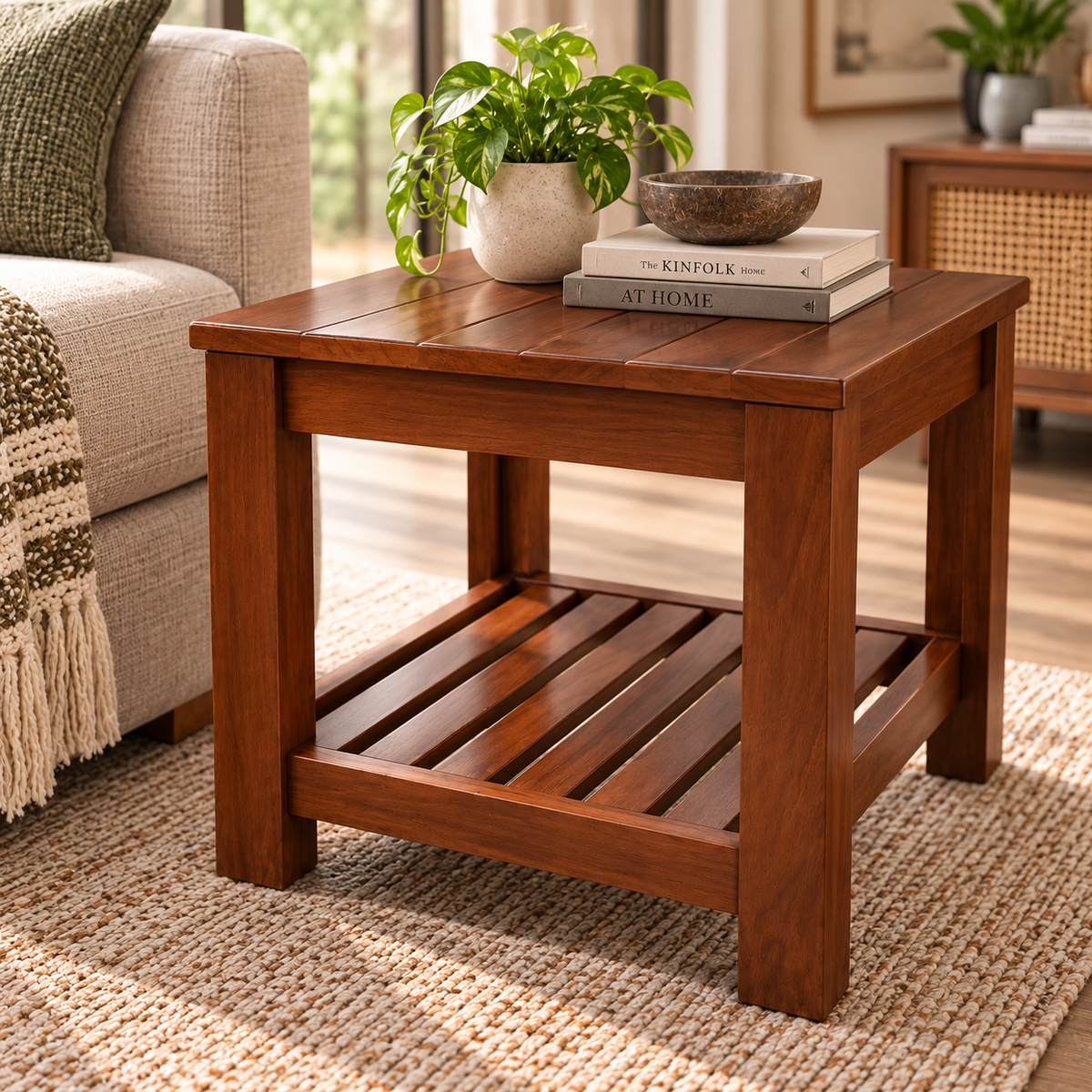 Handcrafted Solid Wood Table with Slatted Shelf