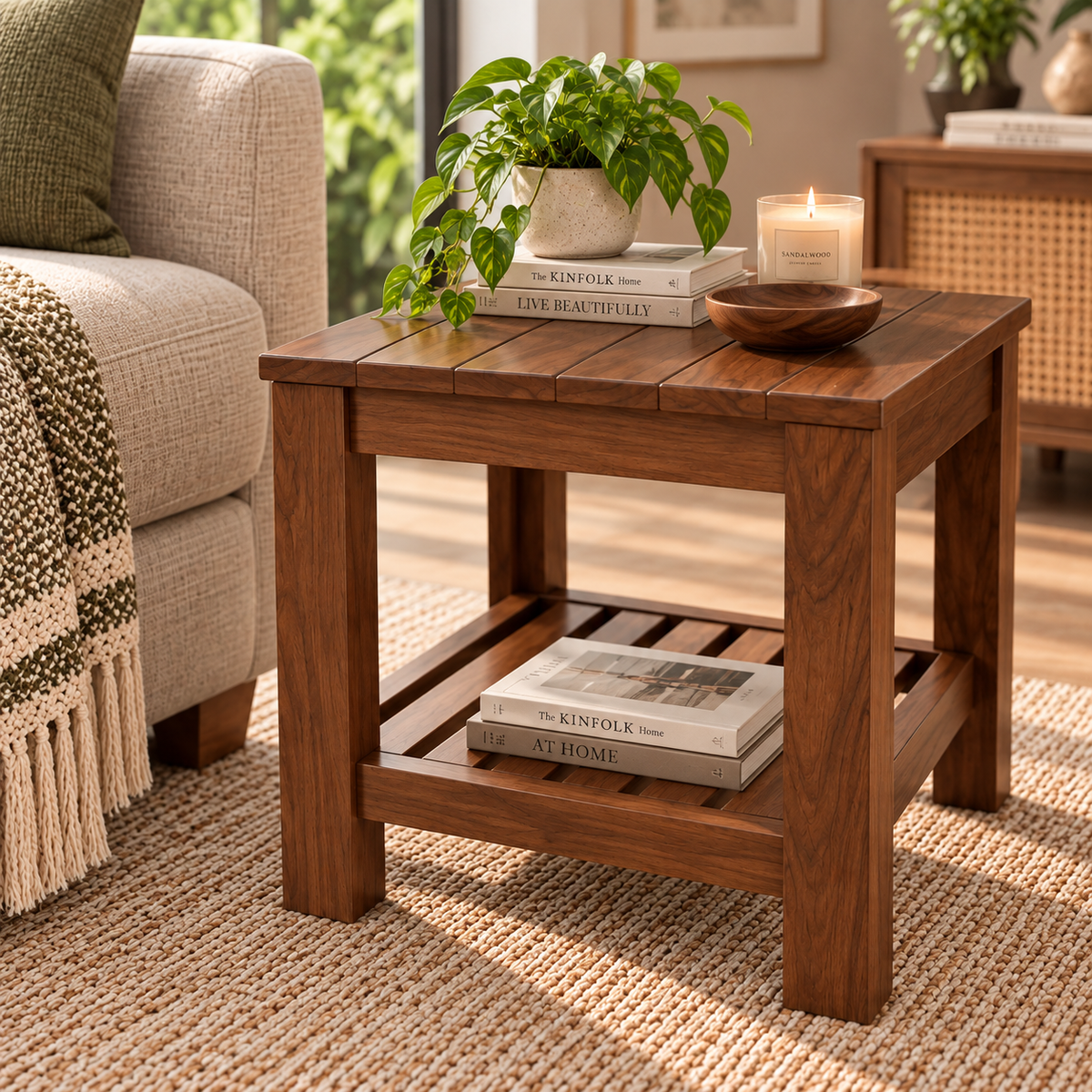 Handcrafted Solid Wood Table with Slatted Shelf