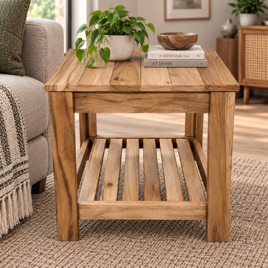 Handcrafted Solid Wood Table with Slatted Shelf