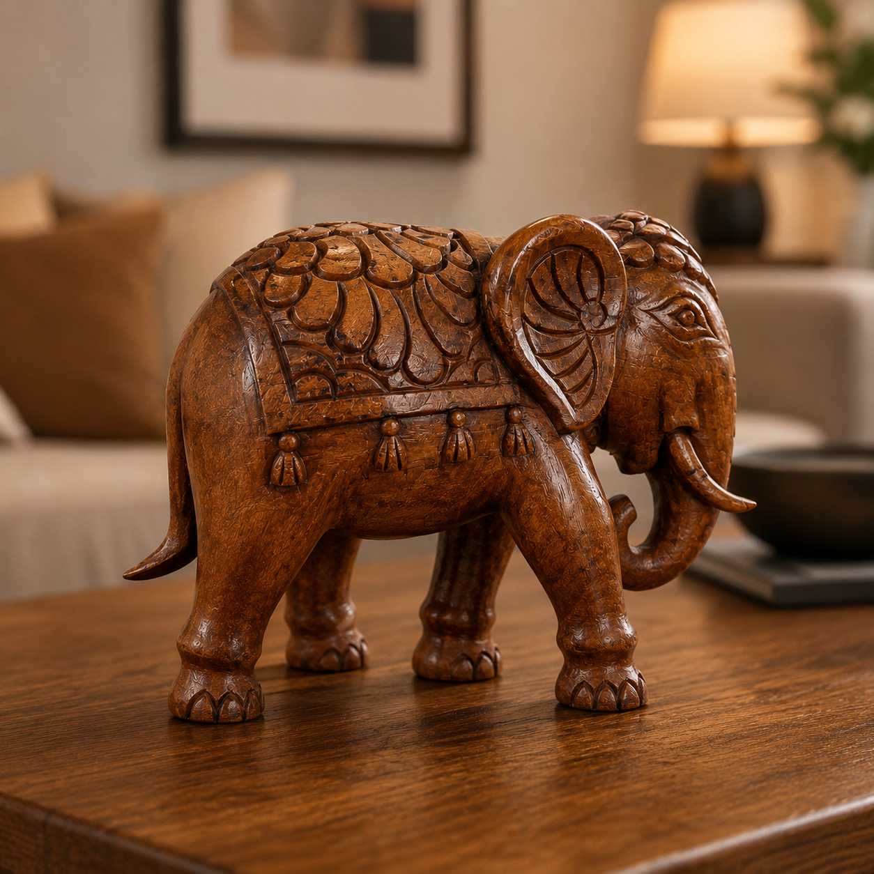 Handcrafted Wooden Elephant Showpiece – Premium Walnut Finish