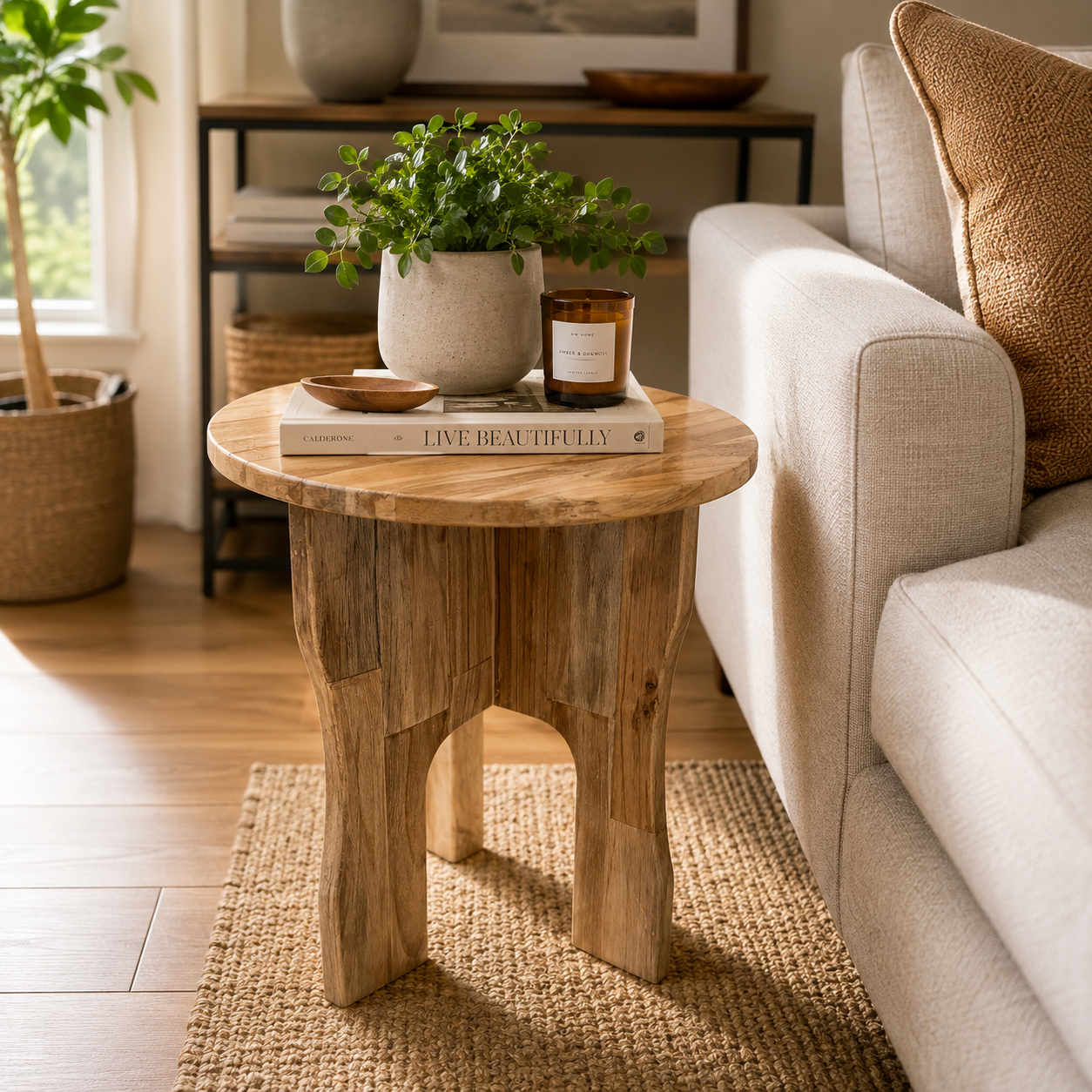 Arc Pedestal Round Wooden Side Table